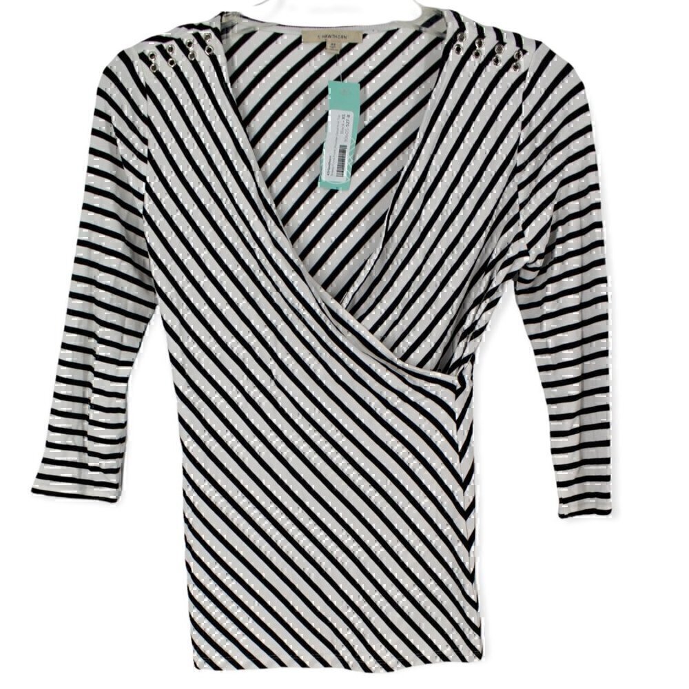 41 Hawthorne Striped Braedy Cross Front Top XS Black White